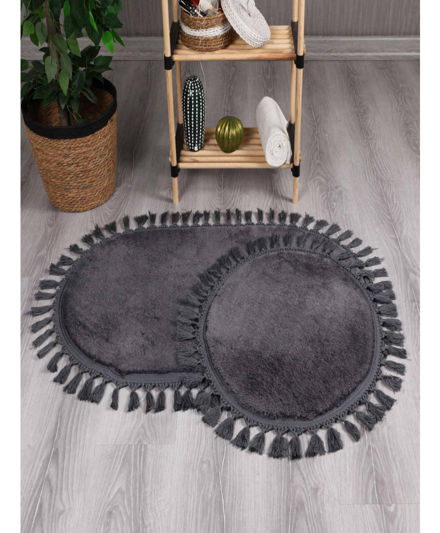 Simirna Dekoratif Peluş Oval 60x100-50x60 Ponpon Saçaklı Klozet Takımı resmi