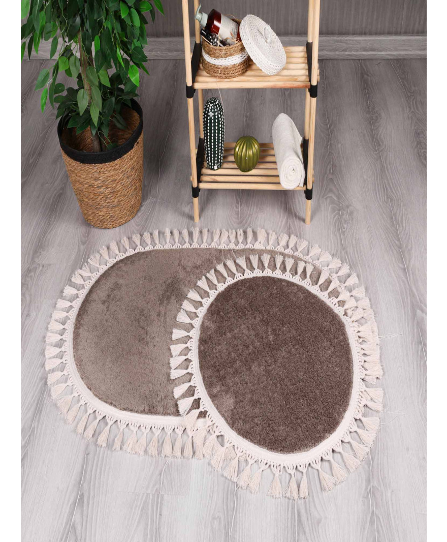 Simirna Dekoratif Peluş Oval 60x100-50x60 Ponpon Saçaklı Klozet Takımı resmi