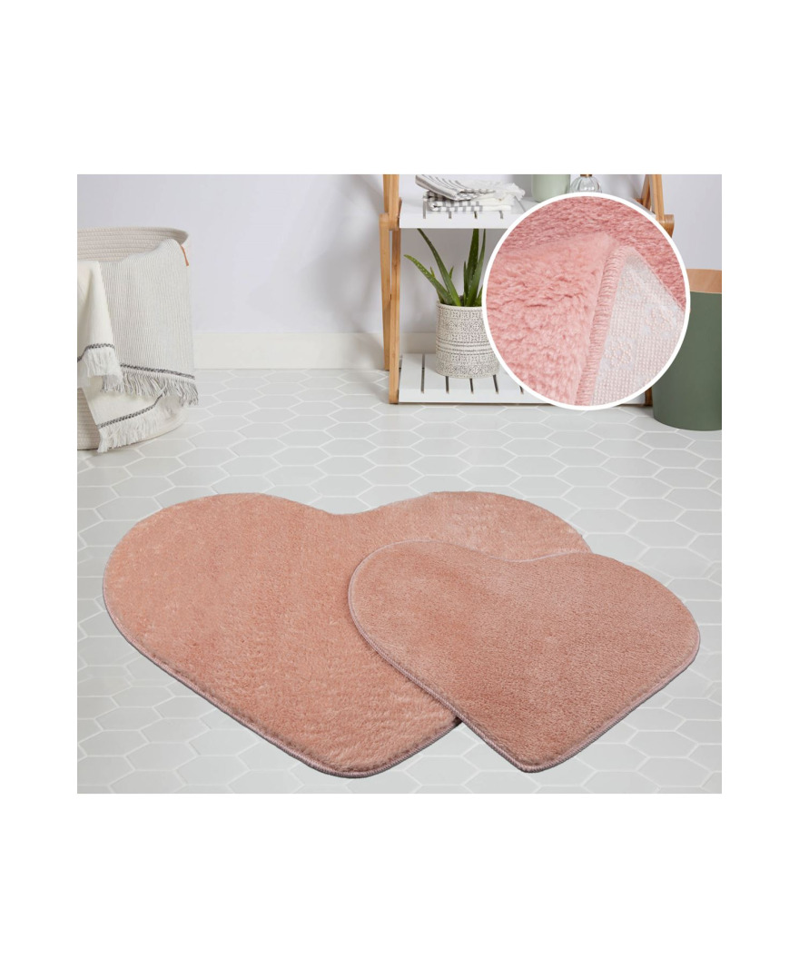 Peluş Puffy Kalp Model Pembe Paspas Takımı resmi