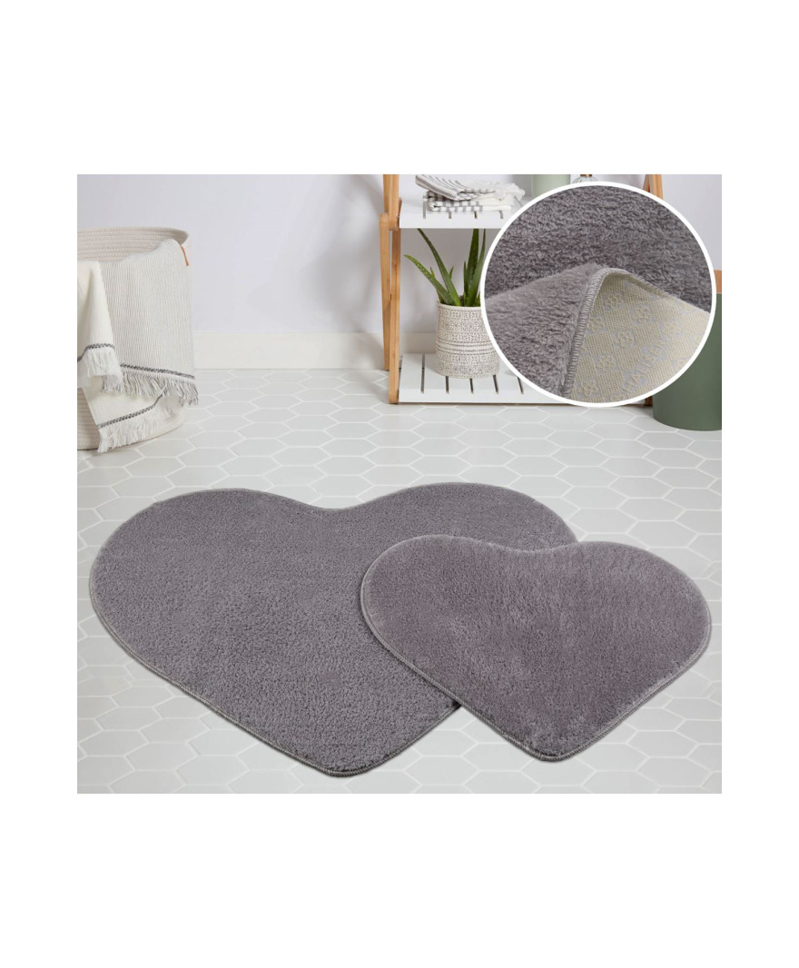 Peluş Puffy Kalp Model Gri Paspas Takımı resmi