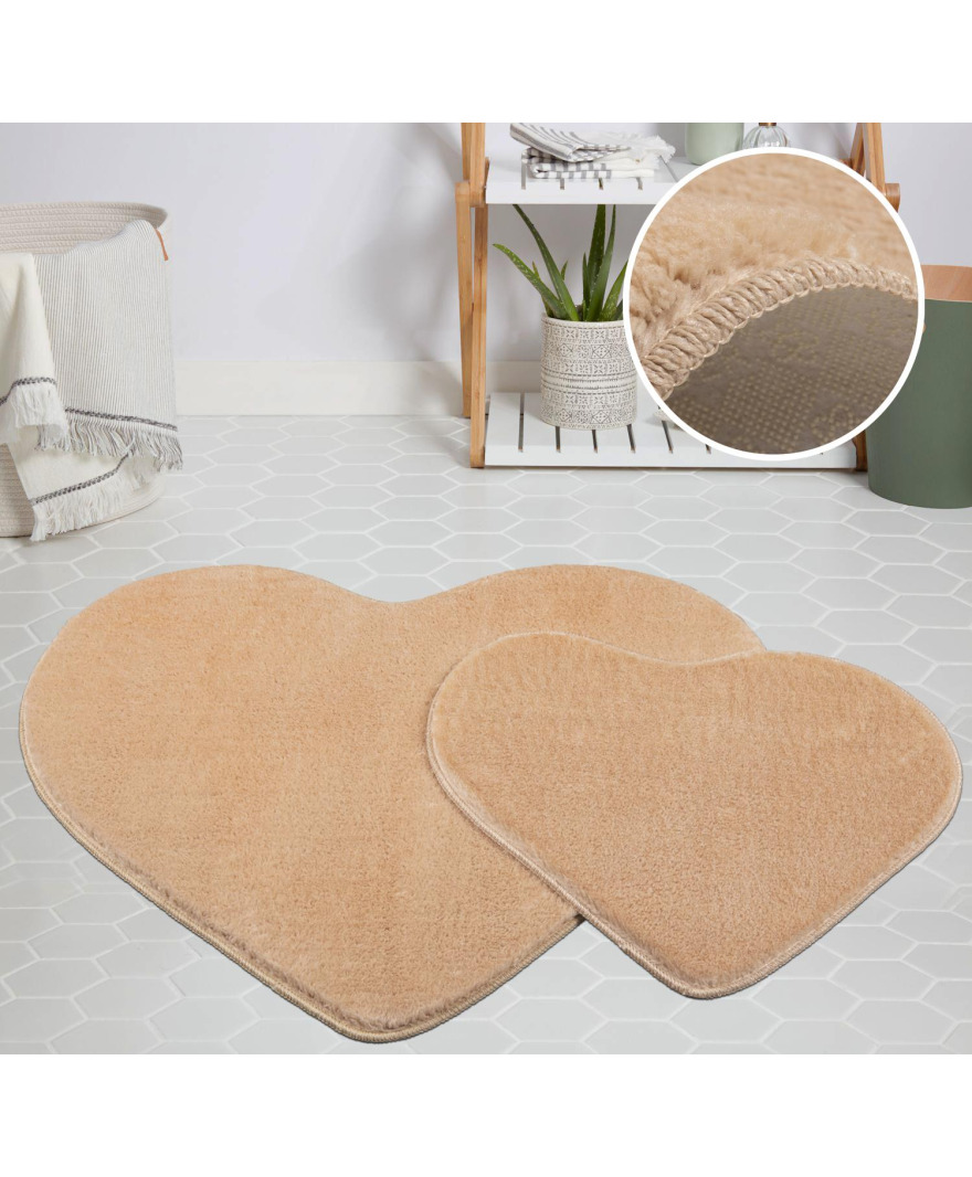 Peluş Puffy Kalp Model Cappıcıno Paspas Takımı resmi