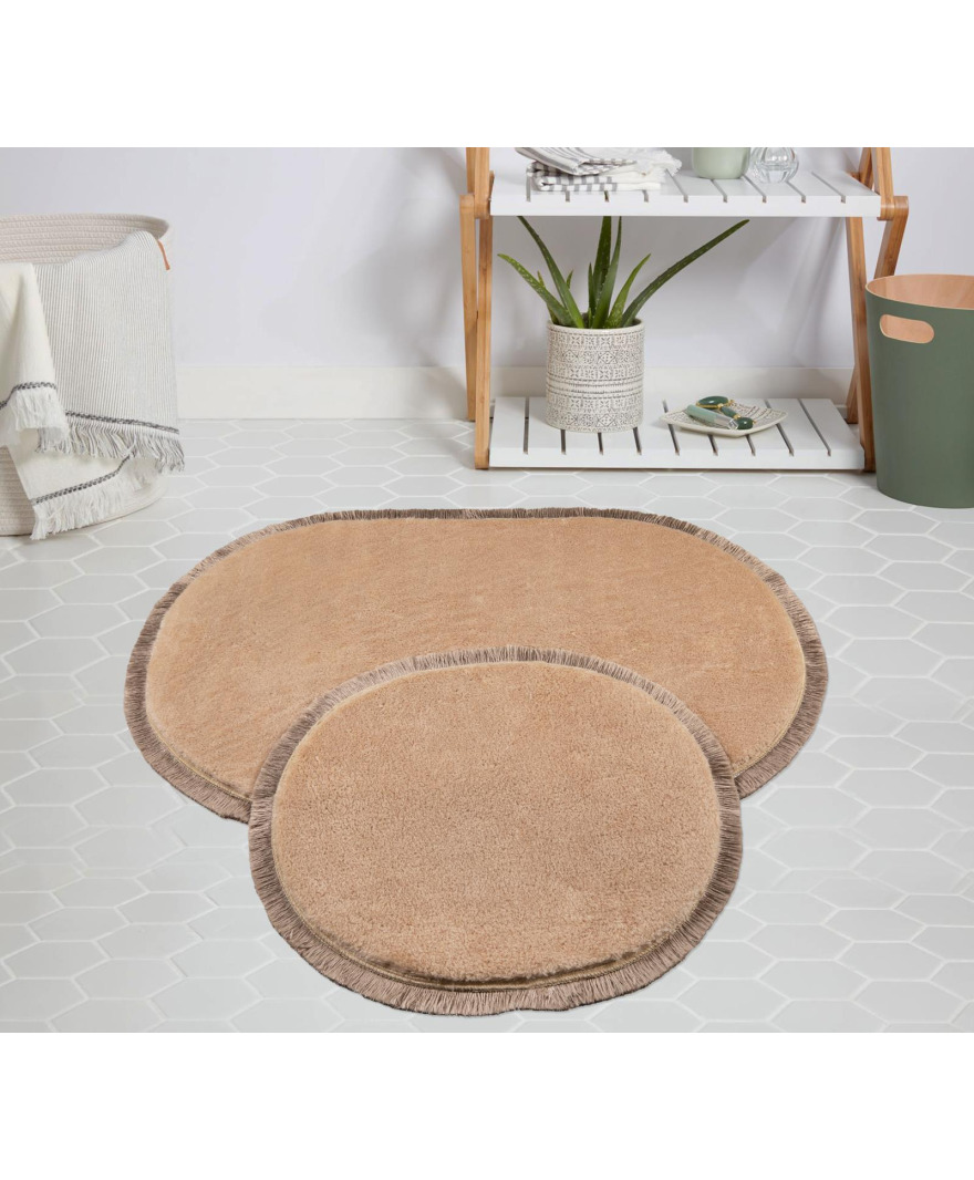 Peluş Bej Saçaklı Oval Paspas Takımı  resmi