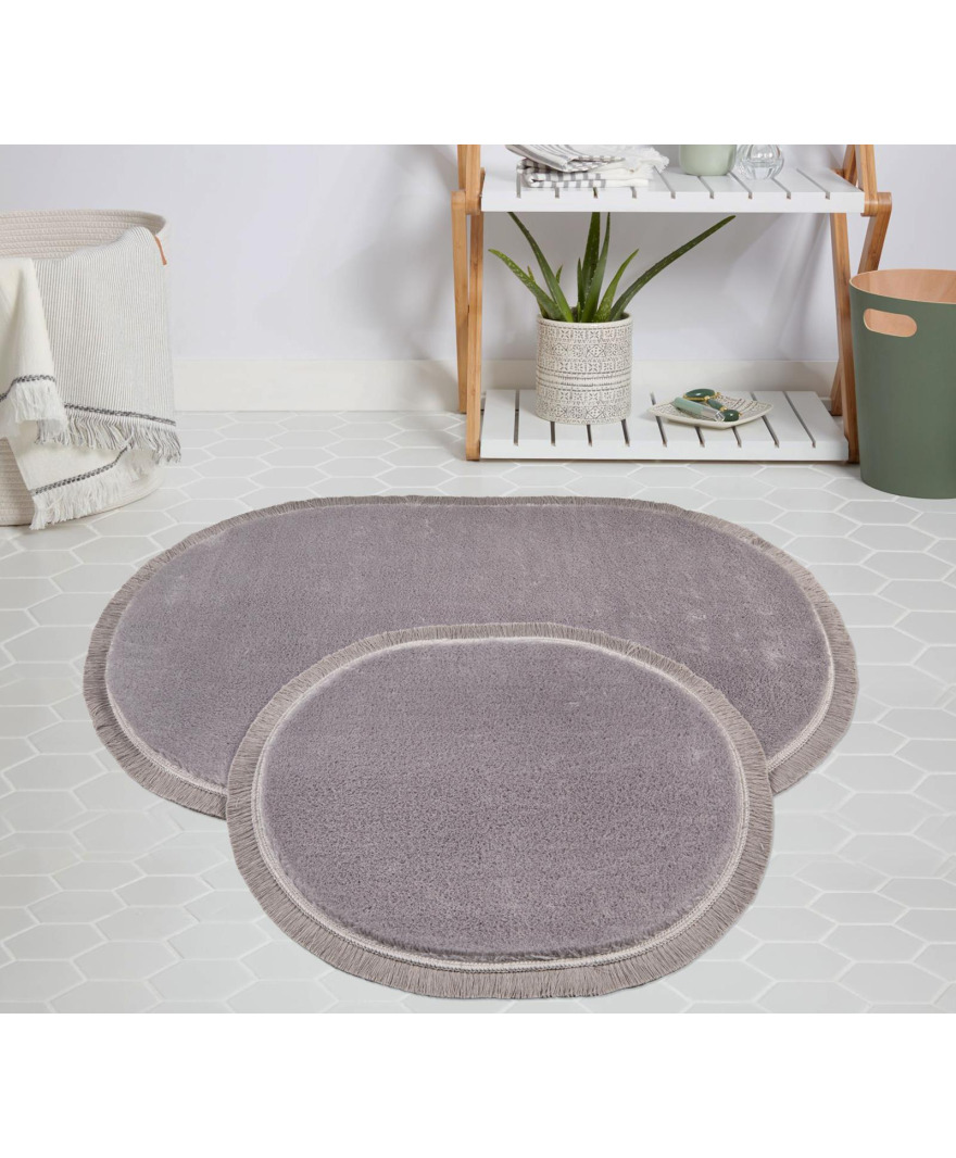 Peluş Gri Saçaklı Oval Paspas Takımı 60x100 resmi